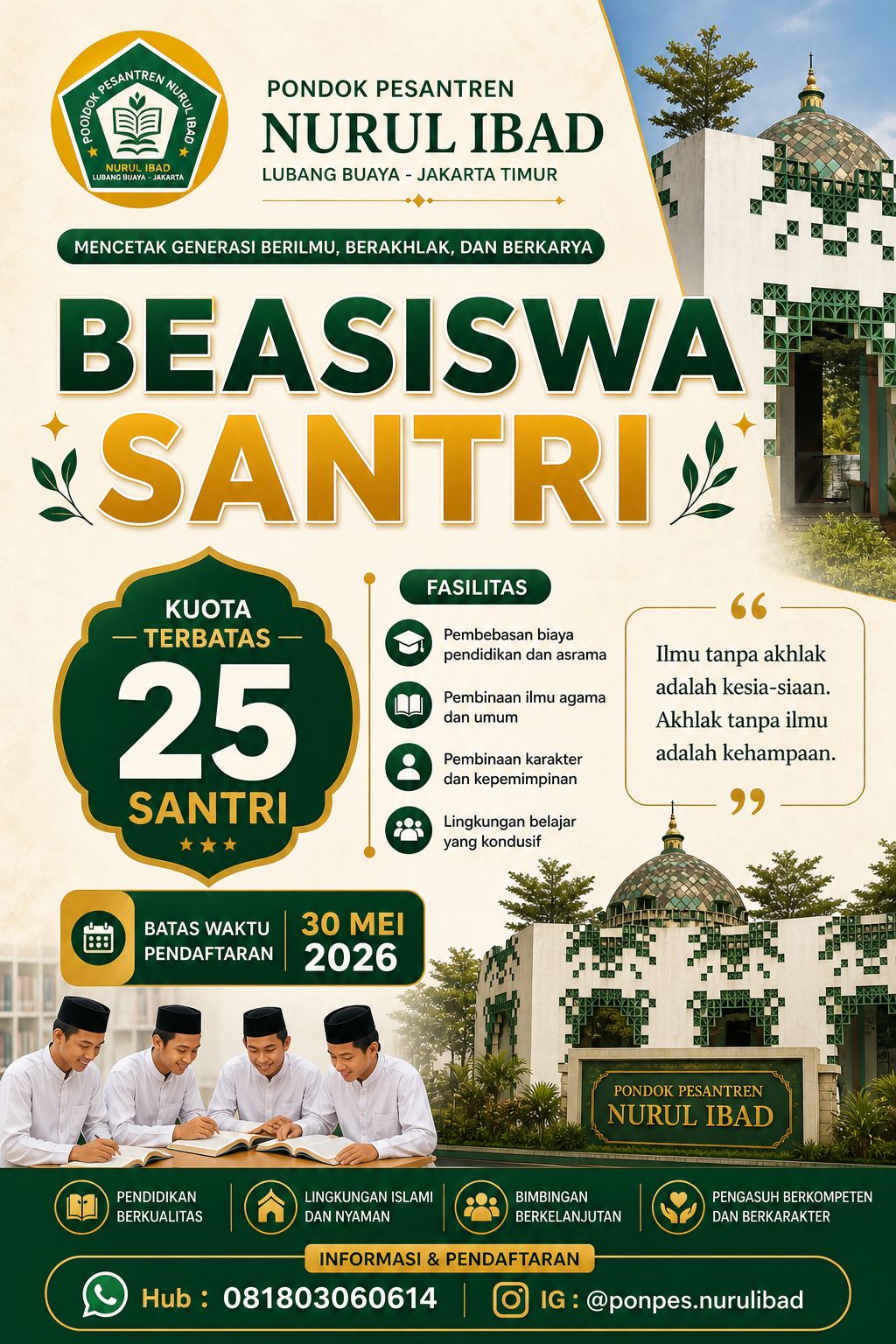 Beasiswa 100% Ponpes Nurul Ibad Lubang Buaya : Wujudkan Mimpi Generasi Berakhlak, Kuota Hanya 25 Orang untuk Santri Putra